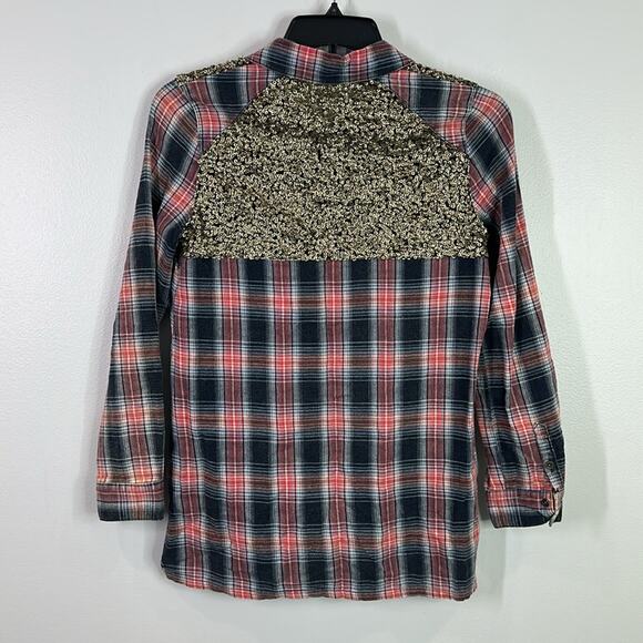 Free people little bit of sugar sequin plaid flannel button down shirt s… - Picture 3 of 6